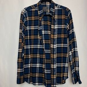 Primark Unisex Button Down Long Sleeve Blue/Tan Flannel Medium